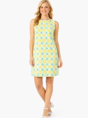 Sail to Sable Sleeveless Lemon Print Shift Dress - Yellow & Aqua - M